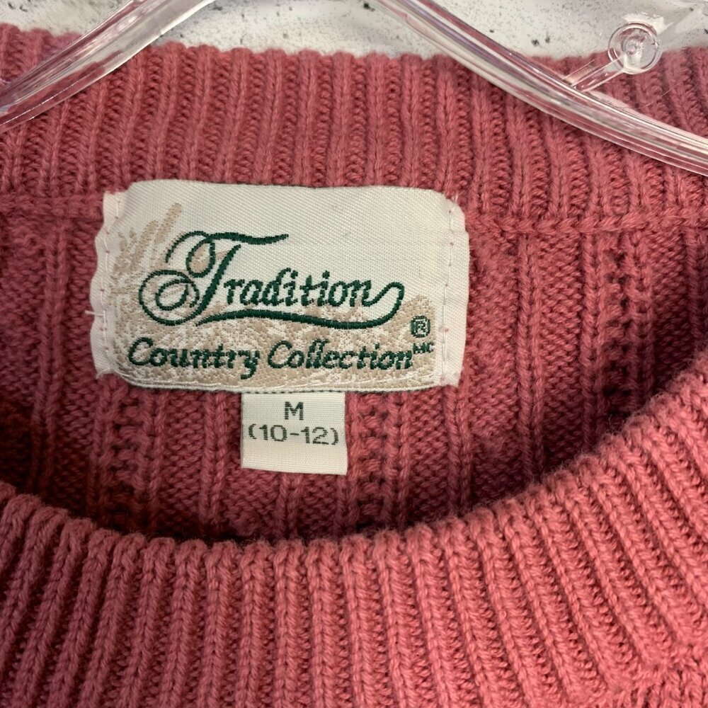 Vintage 90s Cable Knit Sweater M Pink Tradition Country Collection 80s Crewneck - Picture 7 of 14